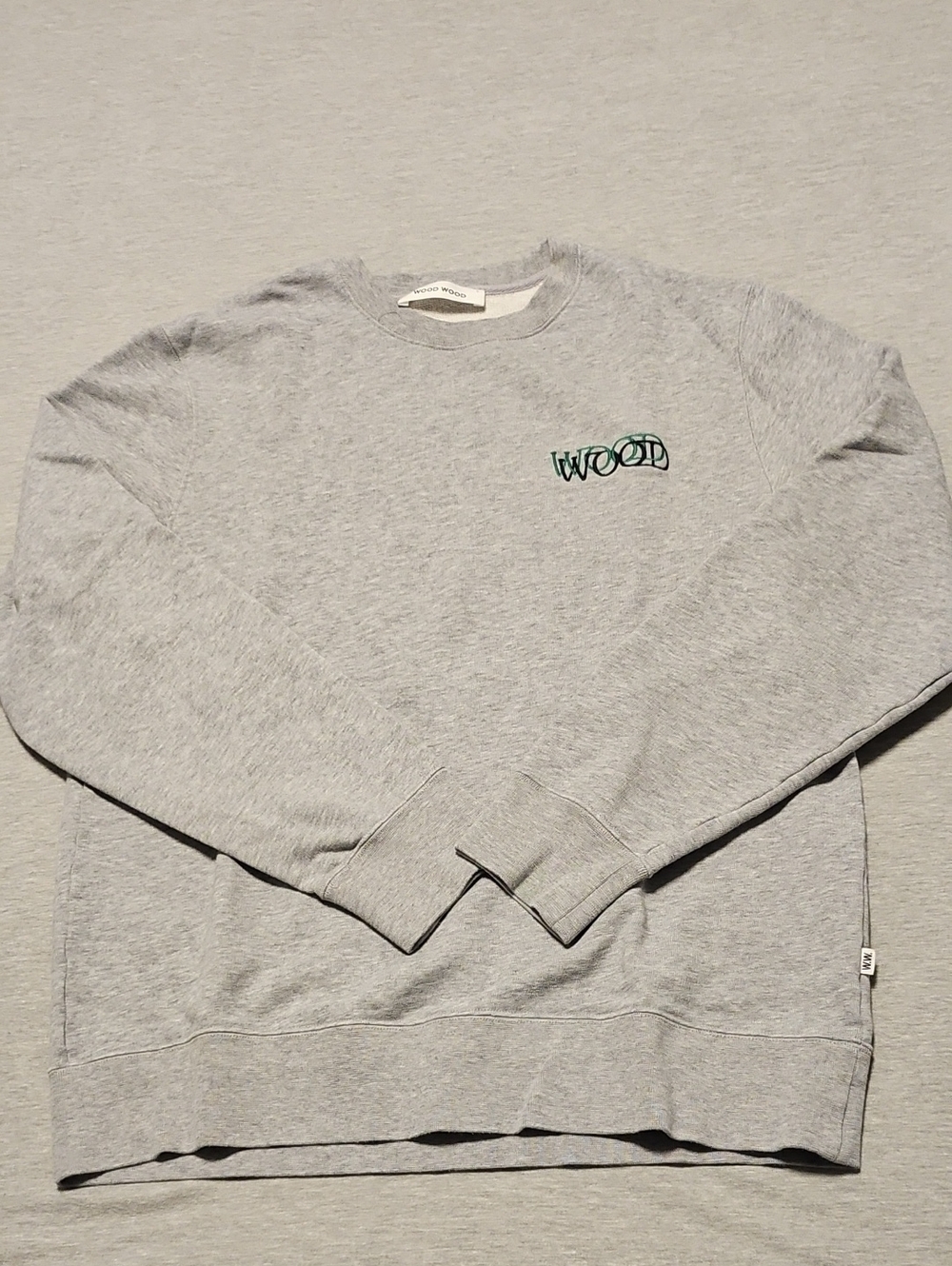 Wood Wood Light Gray Crewneck with Green Logo